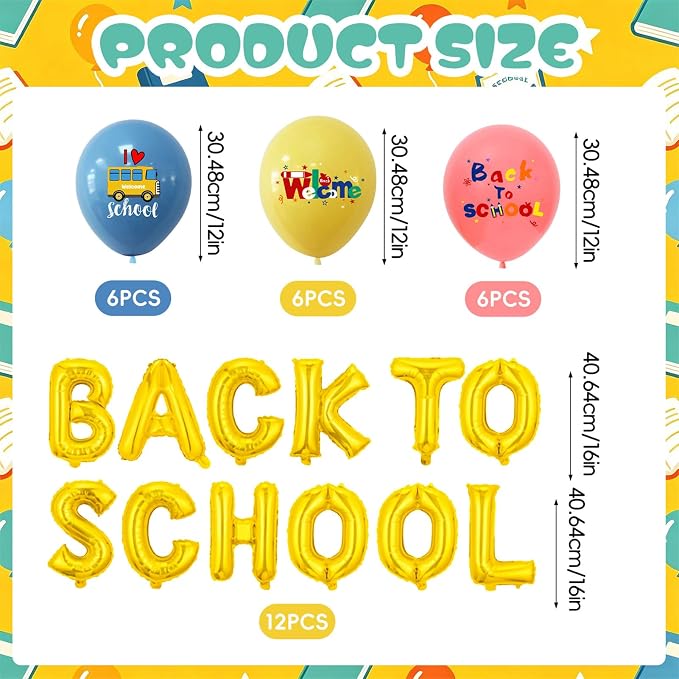 Back to School Balloons Decoration Kit, 16 Inch Gold Letter Balloon Banner, 12 Inch School Bus Printed Latex Balloons, Classroom Welcome Back Party Supplies for Students Teachers First Day of School