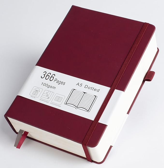 Thick Bullet Notebook with 366 Numbered Pages, A5 Dotted Journal for Writing with 100GSM Dot Grid Paper, Hardcover Leather Notebooks for Women Men School Note Taking Work Diary, 5.7"x8.3" Bungandy