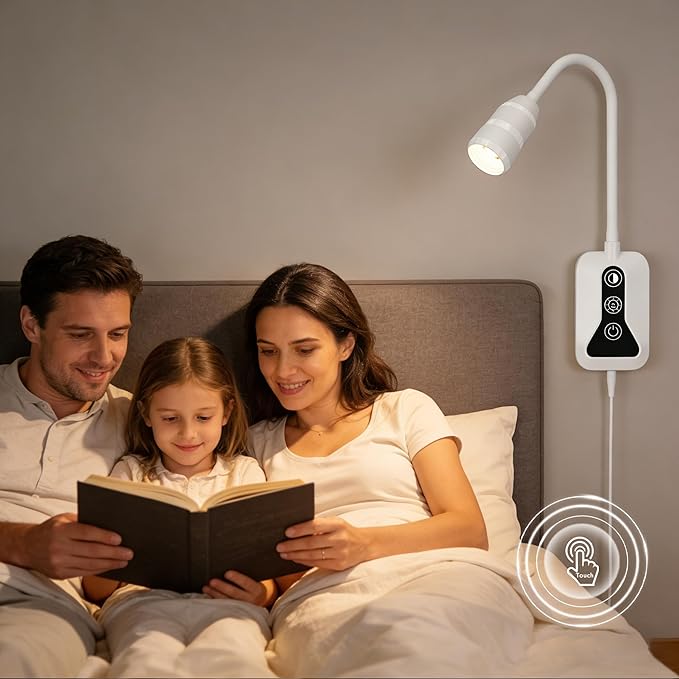 Wall Mounted Reading Light with Wave Sensor/Touch Switch, 5 Color & 5 Level Dimmable Touch Bed Lights for Reading with USB C Output, Eye-Care Reading Light for Bed,Heaboard, Dorm, Bedroom(White)