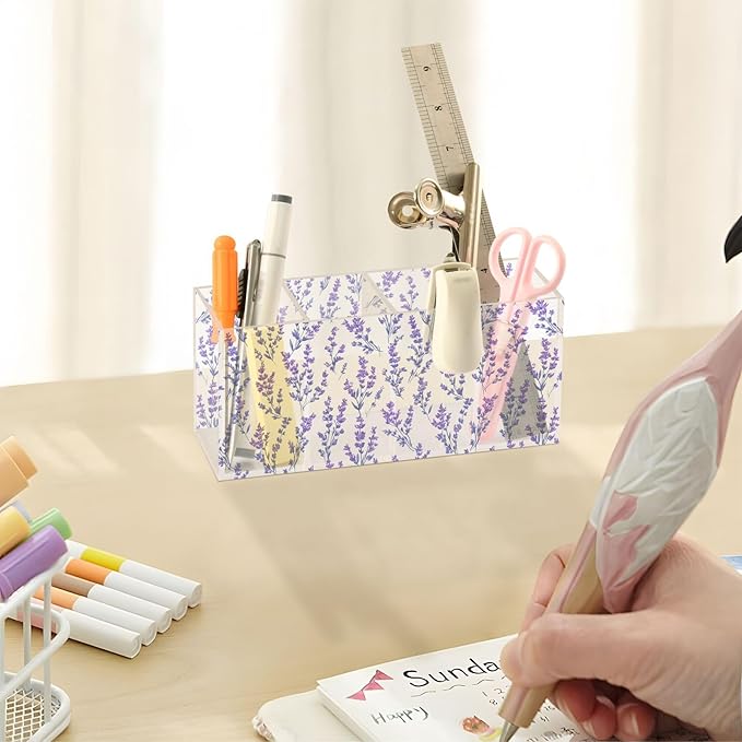 Aslsiy Purple Floral Lavenders (8) Pen Holder for Women 4 Compartments Acrylic Pencil Holder Clear Makeup Brush Holder Desk Organizer Office Supplies