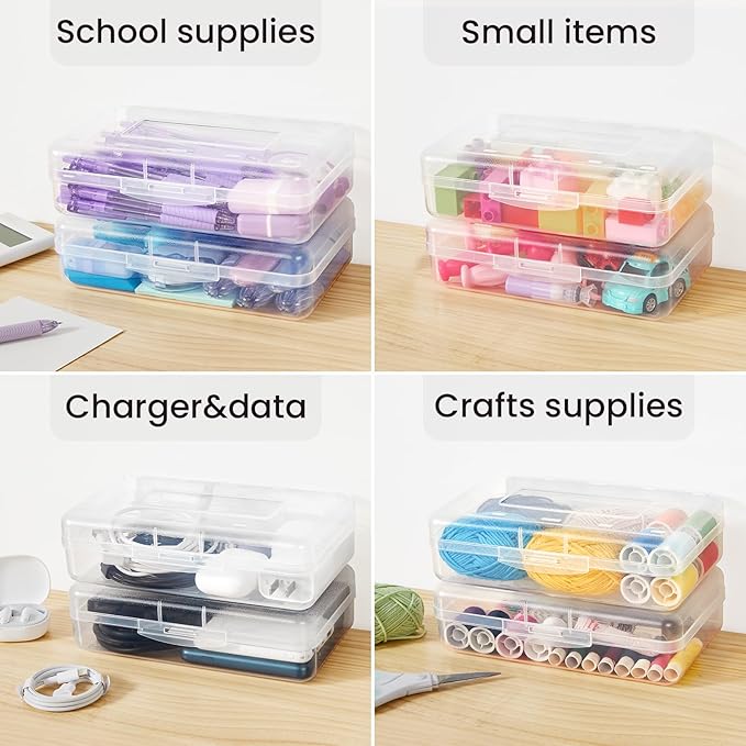 Sooez 6 Pack Pencil Box, Hard Pencil Boxes for School Supplies Bulk, Large Plastic Pencil Case with Lid, Clear Pencil Container, Stackable School Boxes Crayon Boxes Bulk for Kids
