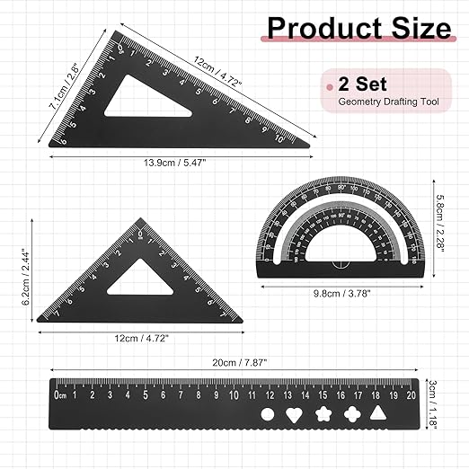 PATIKIL 8 Pcs Geometry Drafting Tool, Aluminum Alloy Geometry Kit Math Tool Includes 20cm L Ruler Protractor Triangles for Drafting Angle Measure Simple Science Experiment, Black