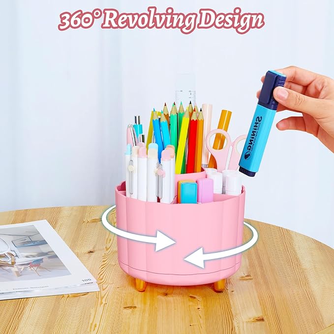 360 Rotating Desk Organizer for Women, 6 Compartment Pen Holder, Cute Pencil Cup & Marker Organizer, Office Desk Accessories, Aesthetic Desk Decor, Workspace Organizers (Pink)