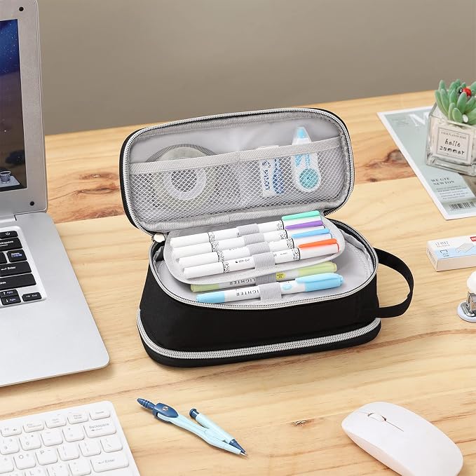 Dugio Large Pencil Case Organizer Big Pencil Pouch for Boys Kids Black | Teens Pencil Bag with Zipper Aesthetic Stationery Pen Pencil Case for School, Large Capacity Design, Thick Multi-layer Fabric