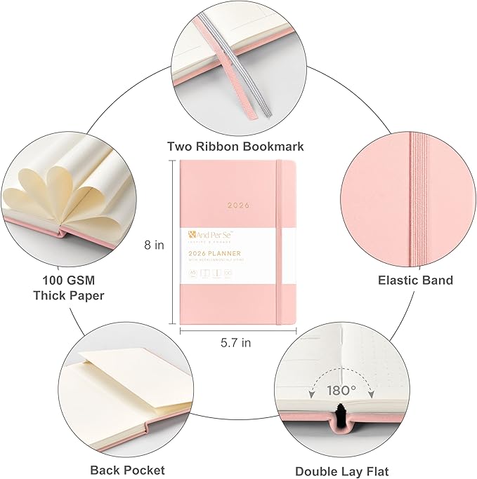 And Per Se 2026 Planner-Daily, Weekly & Monthly Leather Hardcover Planner, 5.7" x 8", Daily Schedule, 100 GSM Thick Paper, Back Pocket(Pink)