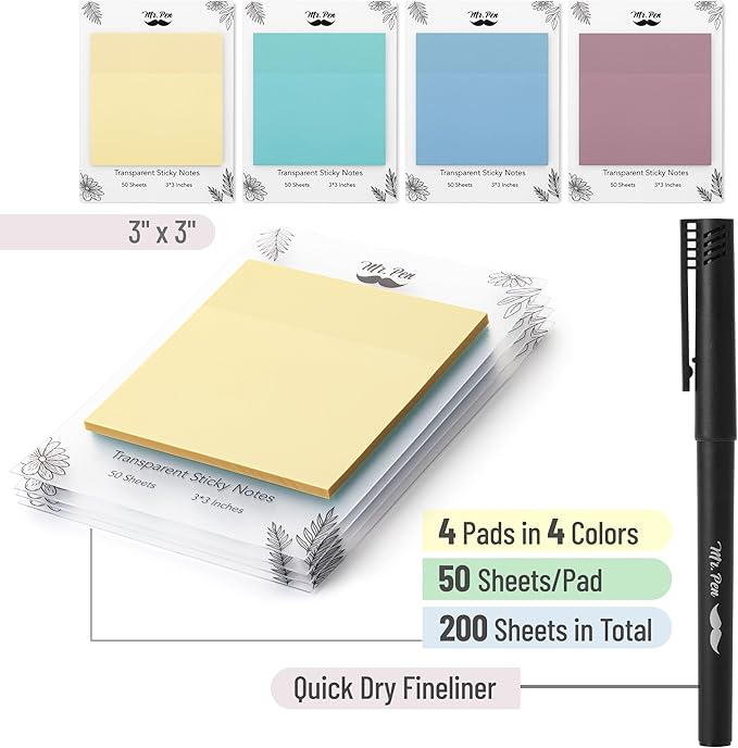 Mr. Pen- Transparent Sticky Notes, 3" x 3", 4 Pads, 200 Sheets, Morandi Colors, See Through Self-Adhesive Notes with Fineliner for Bible Journaling and Studying, Water-Resistant, Clean Removal