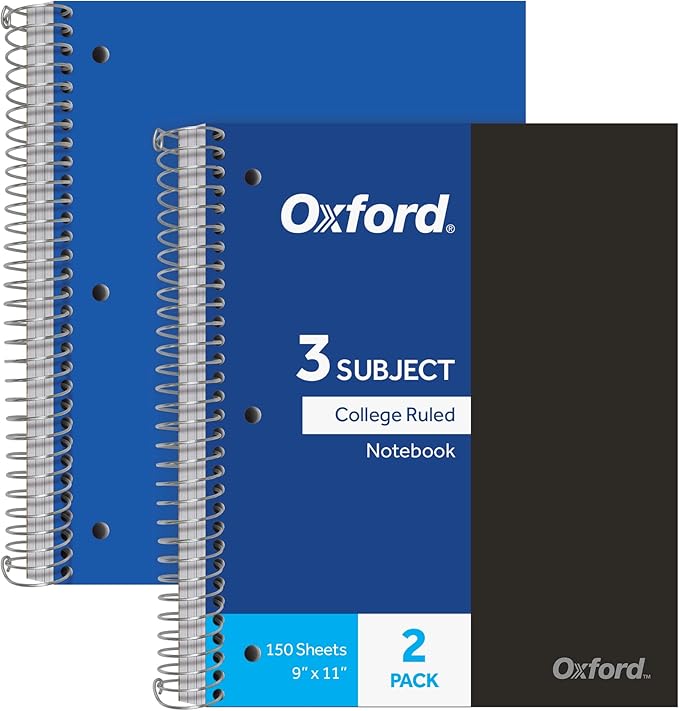 Oxford Spiral Notebooks, 3-Subject, College Ruled Paper, Durable Plastic Cover, 150 Sheets, 3 Durable Divider Pockets, 2 Pack, Blue and Black (10386)