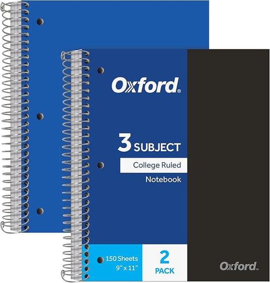 Oxford Spiral Notebooks, 3-Subject, College Ruled Paper, Durable Plastic Cover, 150 Sheets, 3 Durable Divider Pockets, 2 Pack, Blue and Black (10386)