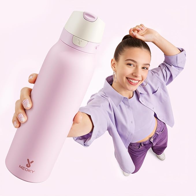 Meoky 24 oz Stainless Steel Slim Water Bottle: 2-in-1 Locking Lid, Blush | Leak Proof, Straw and Spout, 24 Hours Cold, Top Handle, Fits in Car Cup Holder, Insulated Water Bottle for Backpack