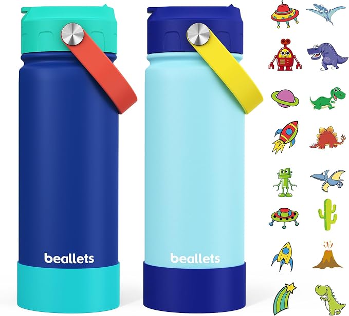 2-Pack Kids Water Bottle, 18oz Toddler Insulated Bottles with Stickers, 18/8 Stainless Steel Leak-Proof Kids Straw Cup for School, Gifts for Boy(GreenBlue+LightBlue)