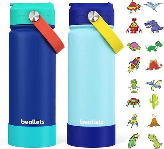 2-Pack Kids Water Bottle, 18oz Toddler Insulated Bottles with Stickers, 18/8 Stainless Steel Leak-Proof Kids Straw Cup for School, Gifts for Boy(GreenBlue+LightBlue)
