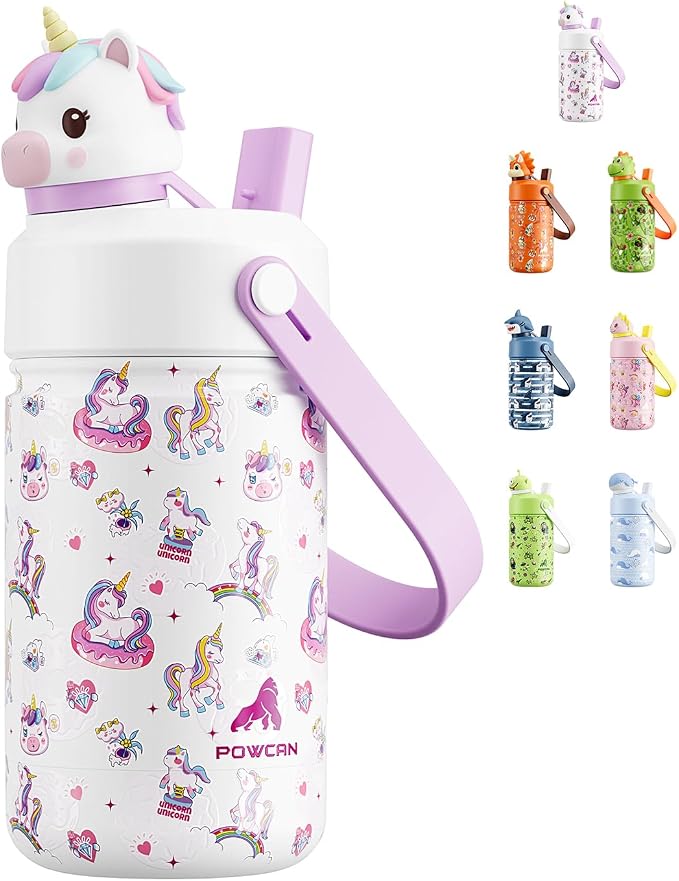 POWCAN 12 oz Kids Water Bottle for School: 2-in-1 Straw Spout Lid with Soft Animal Head, Leakproof, Keep Cold 24H, Backpack Friendly, BPA-Free, Stainless Steel Cup for Sports, Gift (Unicorn Starland)