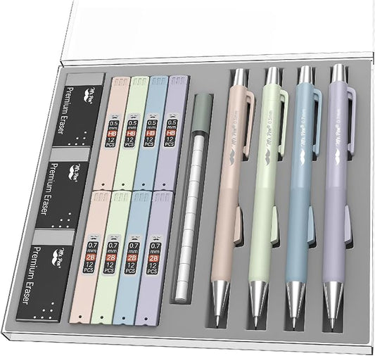 Mr. Pen- Pastel Mechanical Pencil Set with Lead Refills & Erasers, 4 Pack | 2 Sizes, 0.5 & 0.7mm, Fast Click, 6x Tubes HB & 2B Lead Refill, 3x Eraser for School Supplies, Drafting, Drawing & Sketching