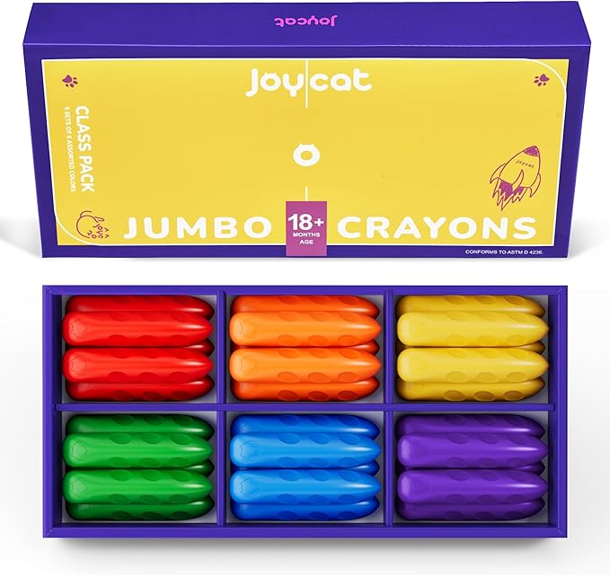 JoyCat 30 Pack Jumbo Crayons Bulk for Toddlers, 6 Vibrant Colors Easy-Grip Triangular Crayons, Unbreakable Washable Art Supplies for Preschool Classroom, Kids Party Favors & School Supplies