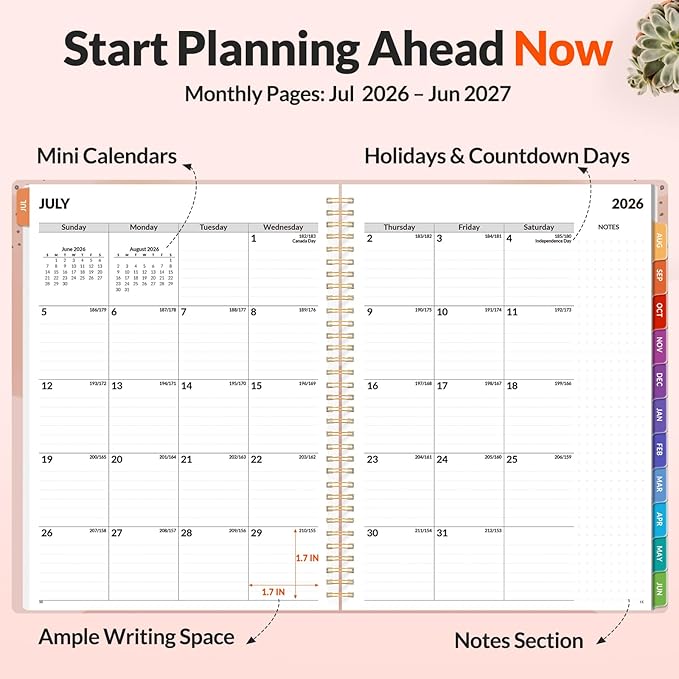 SUNEE Academic Planner 2026-2027 – Weekly & Monthly Planner, July 2026 to June 2027, 8.5"x11", Thick Paper, Tabs, Pockets, Bookmark, Spiral-Bound, Student Teacher Organizer, Blushing Abstract Breeze