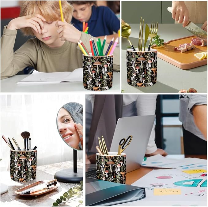 Pen Pencil Holder for Desk, Ceramic Pen Cup Cute Makeup Brush Holder, Unique Desk Multifunctional Pens Organizer for Home, Office, Mushrooms Pattern