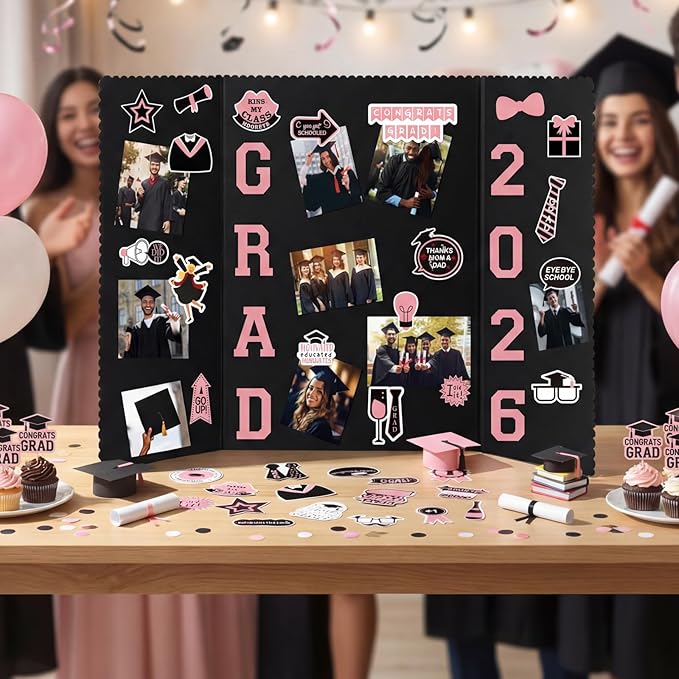 MiniInflat 4 Set 2026 Graduation Picture Trifold Poster Board Double-Sided Foldable Photo Display Board Graduation Decoration for Class of 2026 High School College DIY Craft(Pink,24 x 16 Inches)