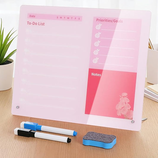 LeMotech Desktop Acrylic Dry Erase Board, 15.7x11.8 inches to-Do List Planner, Tabletop Whiteboard with Stand Office Supplies Includes 2 Markers & 1 Eraser, Pink Rose Pattern, 1 Pack