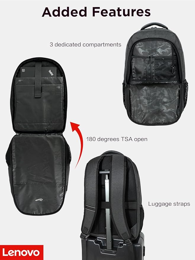 Lenovo B325 Laptop Backpack, Grey, 17-Inch, Water-Resistant Travel Backpack with External USB Port, Anti-Theft Design, Luggage Strap, for Men & Women, Perfect for Work, and Travel