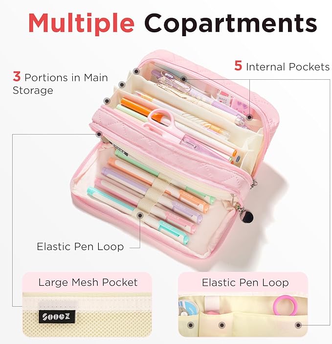 Sooez Large Pencil Case Pouch, Extra Big Pencil Bag with 8 Compartments, Pen Bag Wide Opening, Soft Quilted Pencil Pouch Organizer with Zipper, Portable Pencil Case for Teen Girls, Pink