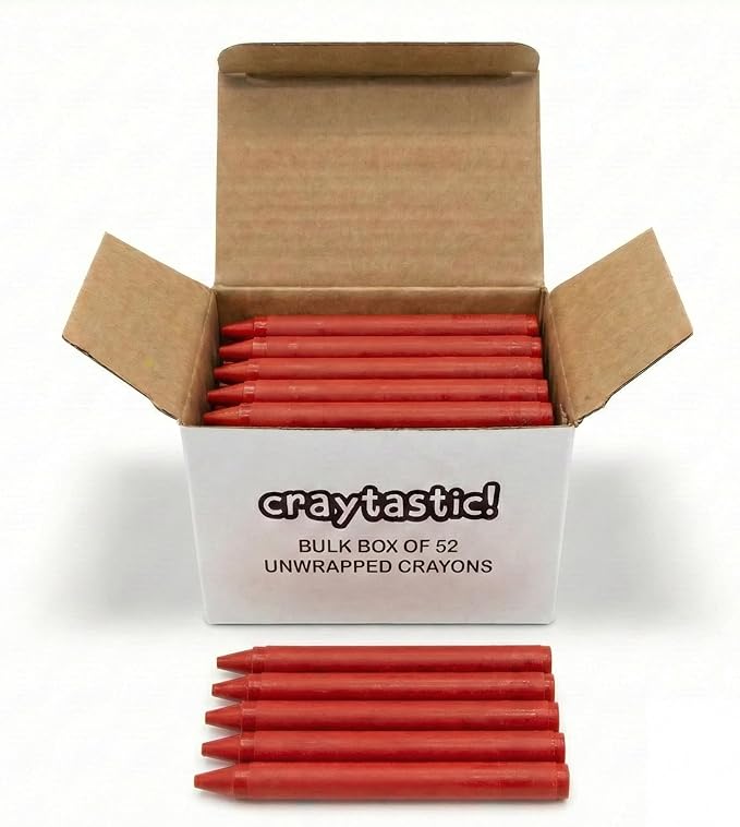 Craytastic! Bulk Unwrapped Crayons Box of 52 (RED) for Crafting, Parties, Kids - Paperless Crayons, No Paper Wrapper - Safety Tested Compliant with ASTM D-4236