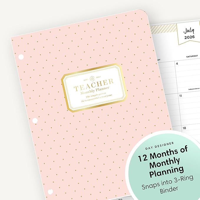 Blue Sky Day Designer 2026-2027 Monthly Academic Year Teacher Planner Calendar, July 2026 - June 2027, 8.5" x 11", Coated Paper Cover, Stapled Binding, Swiss Dot Blush