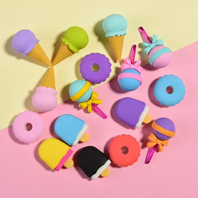 Food Earsers for Kids, 16 Pcs 3D Cute Mini Ice Cream Donut Take Apart Erasers, Cool Fun Puzzle Desk Pet Erasers for Girls