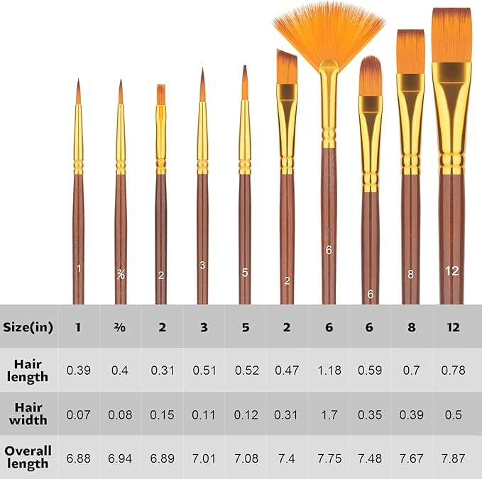 Paint Brushes Set, 10 PCS Professional Artist Painting Brushes Kit for Acrylic Watercolor Oil Gouache Painting - for Beginners or Artists (Brown)