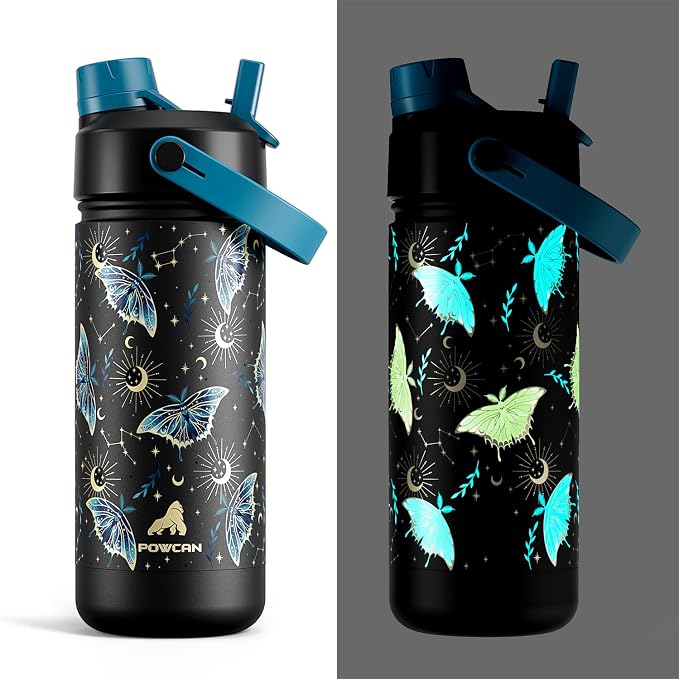 18 oz Kids Insulated Water Bottle: Glow-in-the-Dark, 2-in-1 Straw Spout Lid, Leakproof, BPA-Free, Keep Cold 24H, Stainless Steel Cup for School, Party, Travel, Holiday, Gift (Gilded Flutter)
