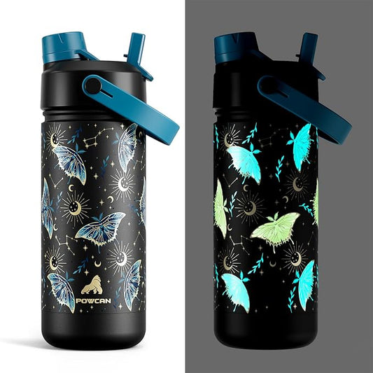 18 oz Kids Insulated Water Bottle: Glow-in-the-Dark, 2-in-1 Straw Spout Lid, Leakproof, BPA-Free, Keep Cold 24H, Stainless Steel Cup for School, Party, Travel, Holiday, Gift (Gilded Flutter)