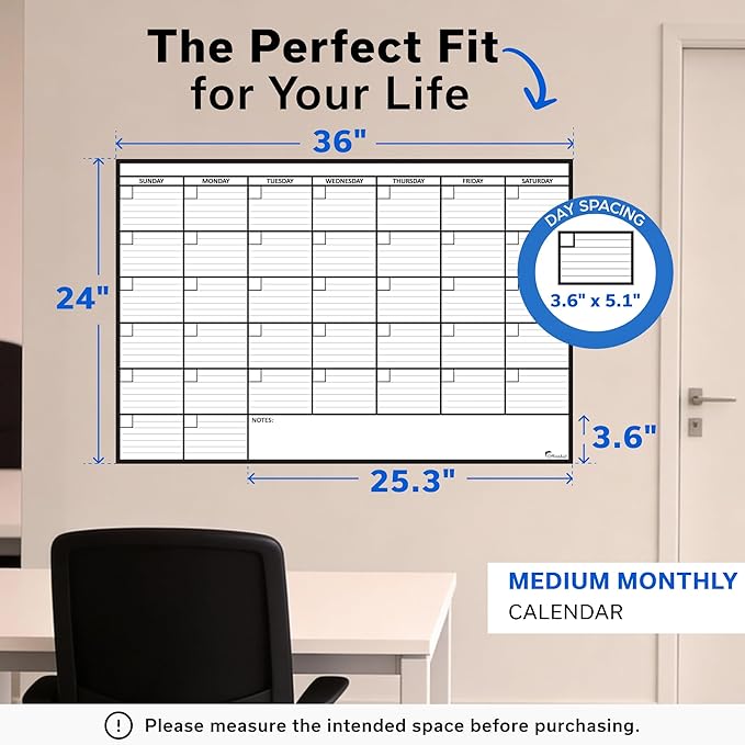 Large Dry Erase Calendar for Wall 24x36, Giant Family Office Big Reusable, Monthly Planner Erasable Month, Rolled Whiteboard White Board, 36x24 Calendar Dry Erase for Undated Wall Large Classroom