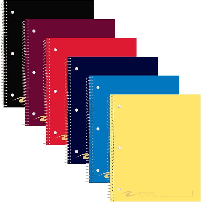 ROARING SPRING 1 Subject Spiral Notebook, 24 Pack, 11" x 9", College Ruled, 100 Perforated Sheets, Assorted Glasscoat Covers, Double Storage Pocket, Made in USA