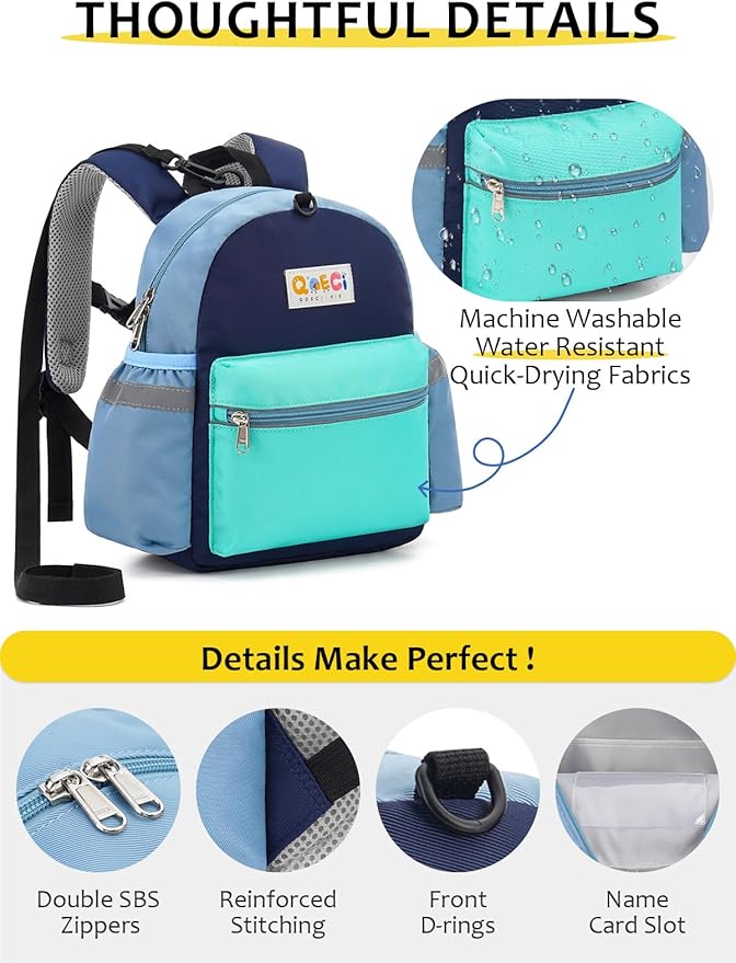 Toddler Backpack with Leash for Boys Girls Kids Kindergarten Nursery, 11” Baby Leash Backpack with Reflective, Toddler Bookbag with Anti-Lost Harness for Walking, Mint Blue
