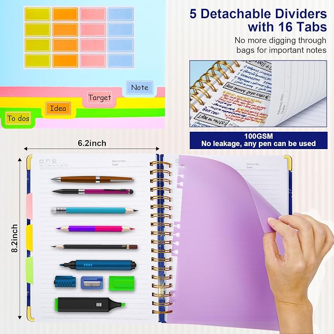 Spiral Journal Notebooks for Work, 300 Pages 5 Subject Notebook College Ruled with Dividers & Tabs, A5 Notebook Journal for Women Students Note-Taking and Organizer (Starlit Meteor)