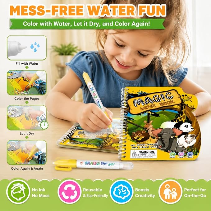 zreboeim Magic Water Coloring Book for Kids, Zoo Animal Themed Reusable Water Doodle Book with Pen, Mess-Free Painting Activity Toy for Toddlers Ages 3+ Educational Travel Gift
