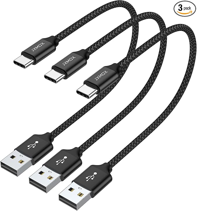 JXMOX Short USB C Cable (1ft 3-Pack), USB A to Type-C Charger Cord 3.1A Fast Charging Compatible with iPhone 15 16 Pro Max, Samsung Galaxy S22 S21 S20 S10 S9, Note 10, A80 A70 A50, Power Bank (Black)