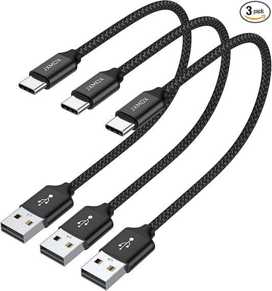 JXMOX Short USB C Cable (1ft 3-Pack), USB A to Type-C Charger Cord 3.1A Fast Charging Compatible with iPhone 15 16 Pro Max, Samsung Galaxy S22 S21 S20 S10 S9, Note 10, A80 A70 A50, Power Bank (Black)