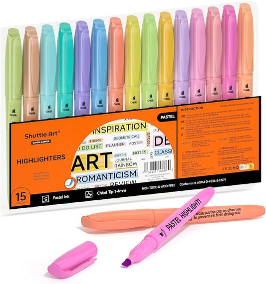 Shuttle Art Highlighters, 15 Colors Pastel Highlighter Pens Assorted Colors, Chisel Tip Dry-Quickly Non-Toxic Highlighter Markers for Adults Students Highlighting in the Home School Office