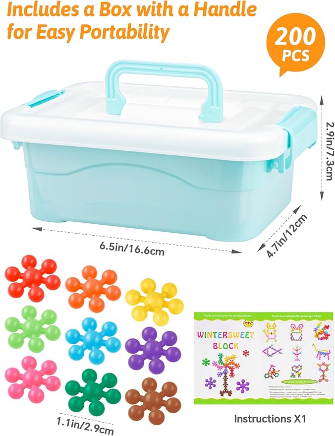200PCS Interlocking Snowflake Building Block Toy for Kids Ages 3+, Plastic Early Learning Creativity Educational STEM Toy with Carrying Case Safe Material (Rainbow Colors)