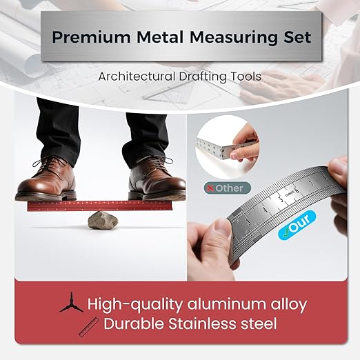 2 Pcs Architectural Scale Ruler 12 Inch, Aluminum Architect Ruler & Metal Ruler Set, Imperial Engineer Scale for Blueprints, Drafting Ruler for Architects, Students, Draftsmen, and Engineers (Red)