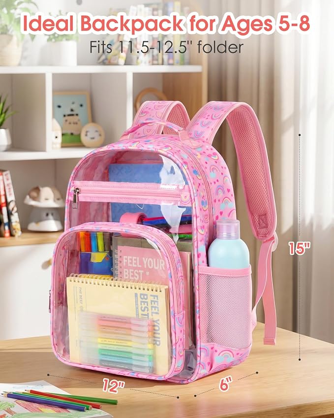 Soimeat Clear Backpack for Girls - Kids Clear Bookbag - Fabric & PVC Transparent Backpacks for Elementary School, Pink Rainbow
