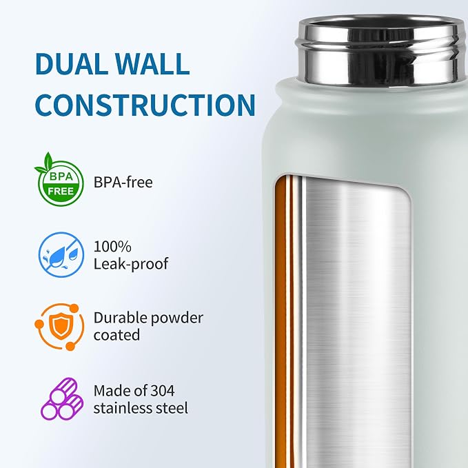 GOPPUS Insulated Water Bottle 20oz Stainless Steel BPA-Free Sports Bottle Ideal for School and Travel Silicone Spout Lid Prevents Leaks, Sweat, and Dust (Light green)