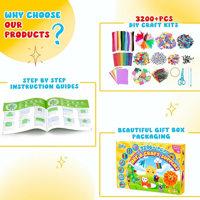 Zefy 3200+ Pcs Arts and Crafts Supplies for Kids, All in One Craft Kits with 12 Crafts Design, DIY School Supplies Kit Craft Box Easter Gifts for Girls Boys Ages 4-12