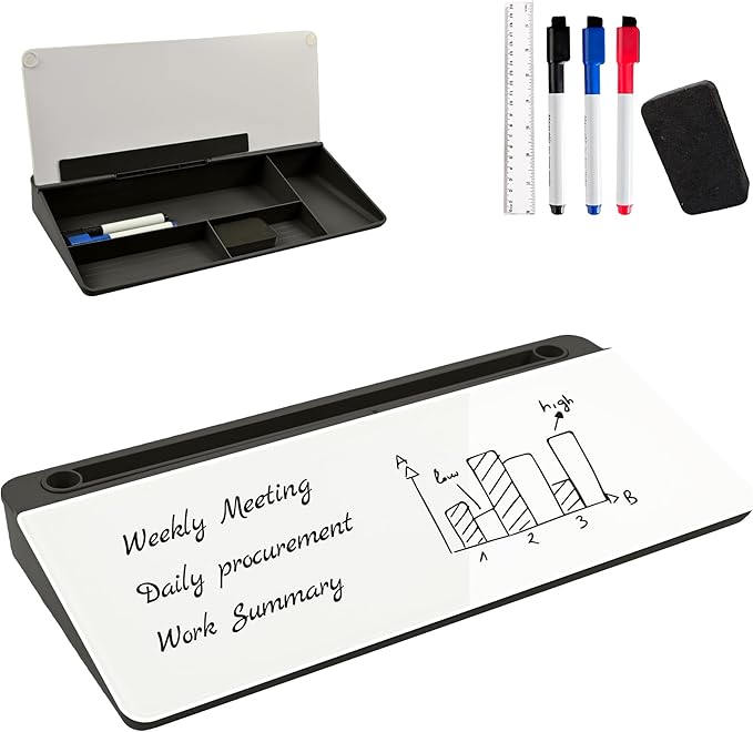 Desktop Whiteboard, Glass Dry Erase Board, Desk Board Buddy,Computer Keyboard Stand,Desk Whiteboard Organizer for Home,Office,School Supplies(Black)