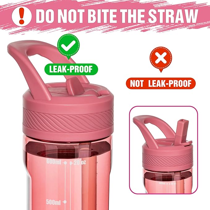 OLDLEY 20oz Kids Water Bottle with Straw, BPA-Free Tritan Water Bottle for School, Leakproof Clear Water Bottle with One Click Open, Measurement Scale, Cup Holder Friendly for Boys Girls,Red