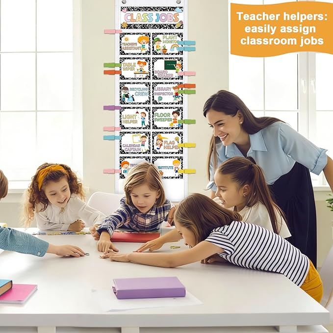 JarThenaAMCS Composition Notebook Class Jobs Pocket Chart Back to School Class Management Teacher's Helpers Pocket Chart with Clips Card for Preschool Classroom Must Haves Daily Schedule Supplies