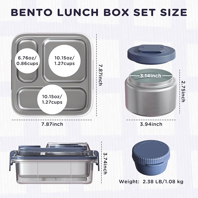 Stainless Steel Bento Lunch Box for Kids Adults with 8oz Insulated Food Jar, Leak-proof, Dishwasher-Safe, Transparent Lid with Sauce Cup and Cutlery Storage for School & Travel,BPA-Free(Blue)