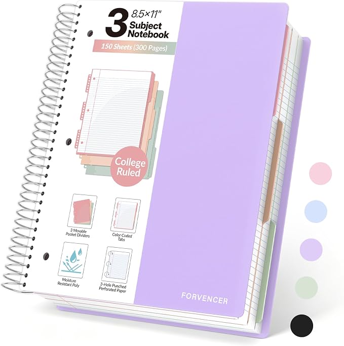 Forvencer 3 Subject Notebook College Ruled, Spiral Notebooks, 8.5" x 11"