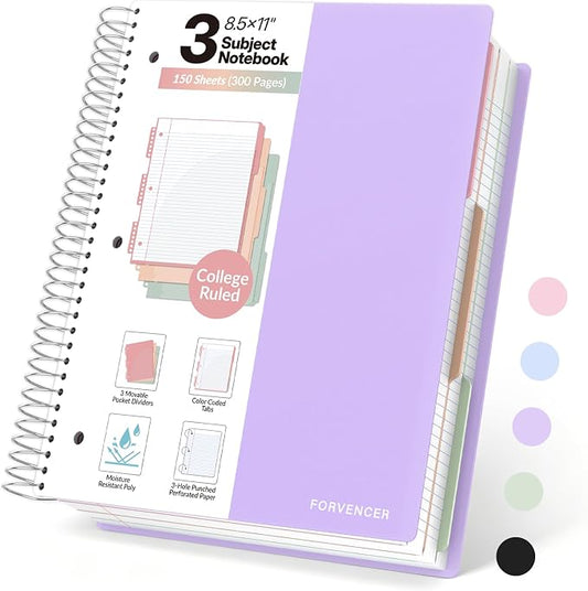 Forvencer 3 Subject Notebook College Ruled, Spiral Notebooks, 8.5" x 11"