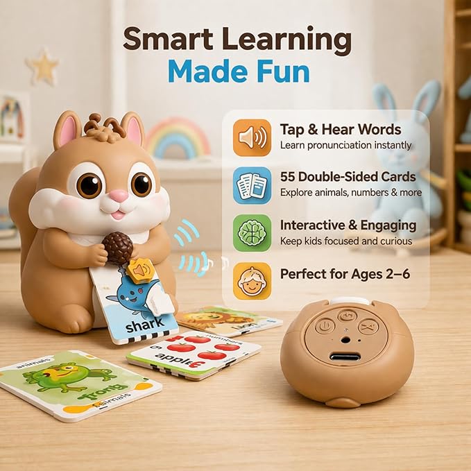 Little Squirrel Talking Pen with 55 Double-Sided Talking Flash Cards, Interactive Learning Toy for Kid, 1000+ Words, Phonics, Recording & Playback Function, Screen-Free Educational Toy for Toddlers